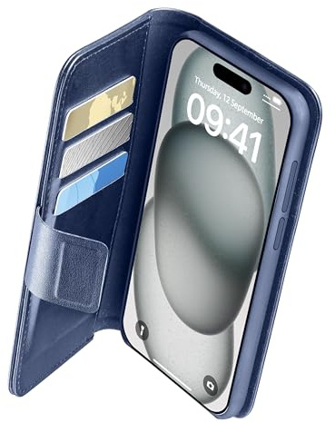 cellularline - Book Agenda - iPhone 15 - Eleganz und Funktionalität in Einer Lösung - mit integrierter antibakterieller Microban-Technologie - Blau