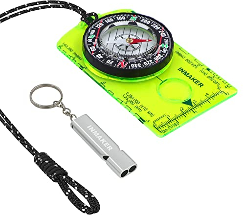 INMAKER Kompass mit Notfallpfeife, Kompass Outdoor mit Floureszierender Reflektierendes Lanyard, Kompass Kinder zum Lesen von Karten Navigation, Compass Zuverlässige Outdoor Survival Ausrüstung