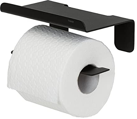 Tiger Colar Toilettenpapierhalter mit Ablage zum Kleben, Edelstahl, Schwarz pulverbeschichtet, mit integrierter Klebefolie zur Montage ohne Bohren, 16x7,6x10,3 cm