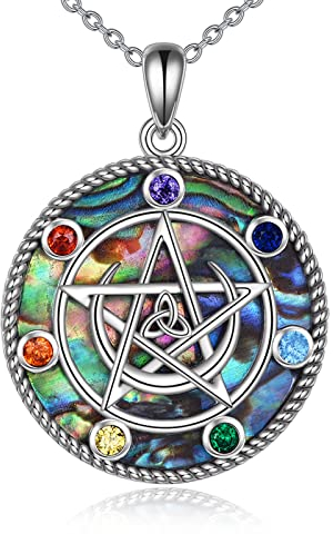 YAFEINI Pentagramm Pentacle Anhänger Halskette 925 Sterling Silber Pentagramm Kette Wiccan Stern Halbmond Halsketten Schmuck für Damen Männer Geschenke (Halskette mit Pentagramm-Abalone-Muschel)