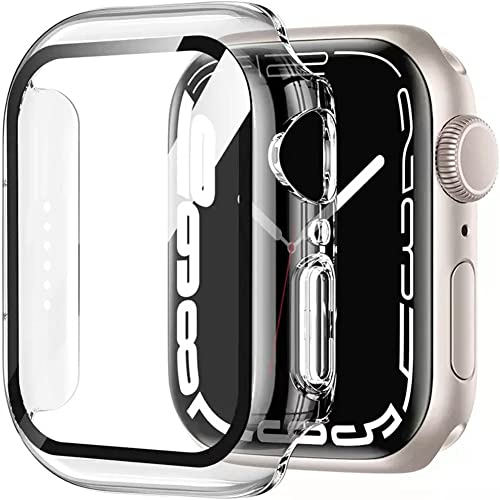 HANKN 2 Piezas Duro Funda para Apple Watch Series 9 8 7 45mm Funda Protector de Pantalla Vidrio Templado, Proteción Completa Claridad Iwatch Bumper Estuche (45 mm, Transparente x 2)