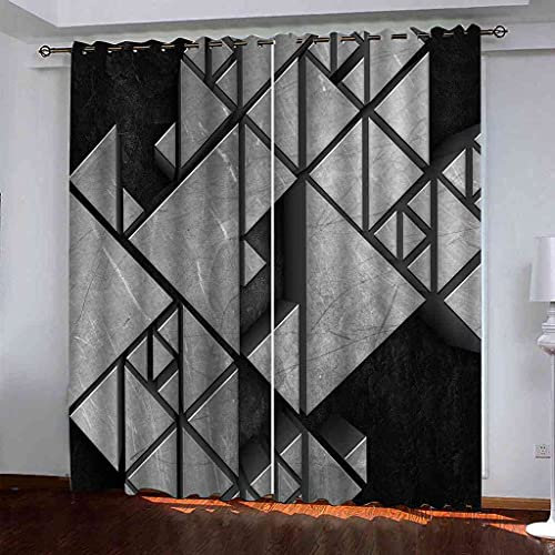 EHZQX Rideaux Occultants Acoustiques Pour Salon Cuisine Chambre 3D Géométrie Tridimensionnelle Gris Noir Polyester Rideau Thermiques Anti Froid A Oeillets Lot De 2 Rideaux Décoration De Fenêtre 140x16