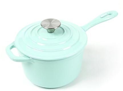 HAWOK Enameled Cast Iron Mini Saucepan, 1QT Saucepan with Lid and Long Handle, Green