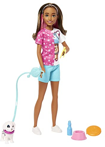 Barbie HKD77 - Skipper-Puppe und Hundesitter Spielset mit Hündchen und 5 Zubehörteilen, Puppen Spielzeug ab 3 Jahren