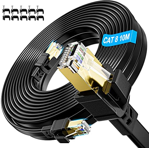 LAN Kabel 10 Meter Cat 8, 40Gbps Netzwerkkabel 10m Geschirmt Flach Hochgeschwindigkeit 2000MHz RJ45 Gigabit Ethernet kabel Schirmung Wlan Kabel 10m Internet Patchkabel Schwarz für Router Modem Switch