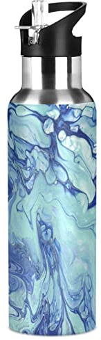 Marmor-Isolierflaschen mit Griff 900 ml Vakuumflasche mit Strohhalmdeckel, Thermoflaschen für Wandern, Radfahren, BAP-frei