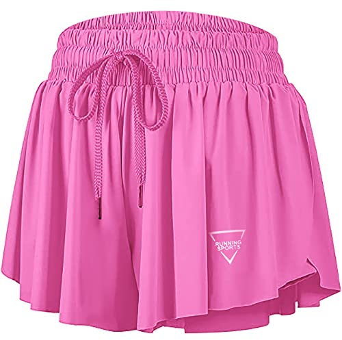 Cavotor Short de sport 2 en 1 fluide pour femme avec poche papillon pour entraînement, motard, gym, yoga, tennis, rose vif, L