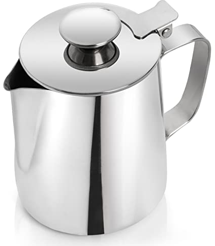 Okllen Milk Frothing Pitcher with Lid, 12oz Stainless Steel Milk Steaming Pitcher, Milk Frother Cup Milk Jug for Bag Espresso Coffee Latte Cappuccino Art