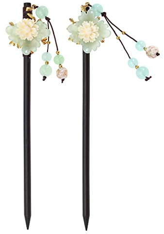 EMSea 2pcs Épingle à Cheveux Chinois Rétro Cheveux Bâtons Fleur Traditionnelle Épingle à Cheveux Vintage à la Main en Bois Chignon Cheveux Baguettes avec Gland pour Femmes 18cm Longueur