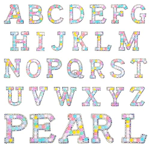 Flicken zum Aufbügeln, 26 Stück Patches zum Aufbügeln Buchstaben Alphabet A Bis Z Bügelflicken mit Perle und Glitzer Strass Iron On Patches Letters für DIY T-Shirt Jeans Kleidung Taschen Hüte A