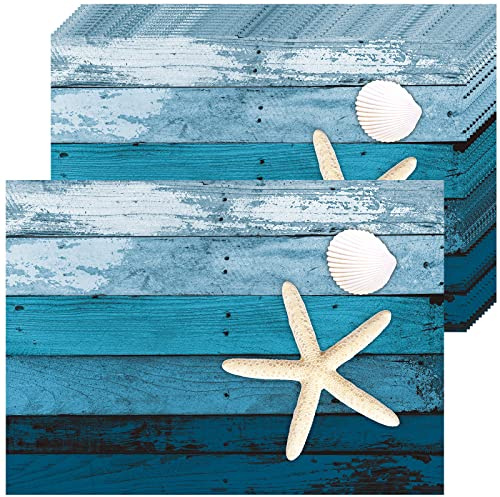 Whaline 50 Stück Meer Papier Platzsets Platzdeckchen Blau Seestern Muschel Einweg-Tischsets Saisonale Sommer Ozean Dekorative Papiertischsets für Ozean Meer Muschel Küste Tischmatte Dinner Party Dekor