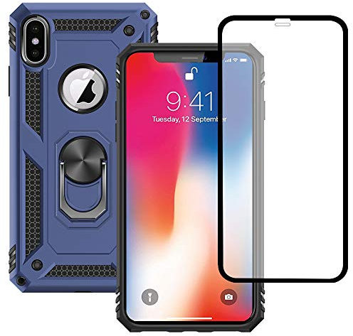Jihucase for iphone X Case, iphone Xs Phone Case with HD Screen Protector, Military Grade Ring Shockproof Protective Phone Case for iphone X/Xs,Blue