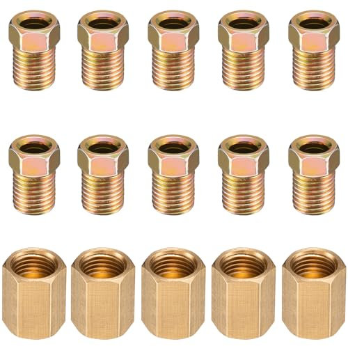 Spurtar 15 Pcs Brake Line Fittings, 3/16 Brake Line Fitting Kit, 3/8 Inch-24 Threads Brass Union Assortment Includes 5 Pcs Unions 10 Pcs Nuts