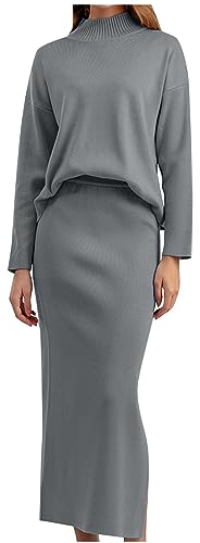 Susenstone Damen Frühlings- und Herbst Strick-Sets Mode Einfarbig Rundhals Langarm Pullover +Rock Set Zweiteilige Rock-Outfits für Frauen Freizeitanzug Casual Loungewear Hosenanzug Y2K Streetwear