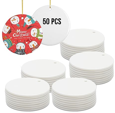 PYD Life Sublimations-Keramik-Ornamente, Großpackung, 7,9 cm, rund, blanko mit goldfarbener Schnur, zum Basteln, personalisierbar, Weihnachtsdekoration, 50 Stück