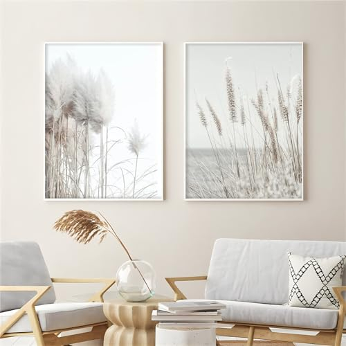 Herfair Bilder Wohnzimmer, 2er Set Beige Pampasgras Wandbilder Poster Schlafzimmer, Boho Kunstdruck Leinwandbild, Ohne Rahmen Wanddeko Bilder (50 x 70 cm)