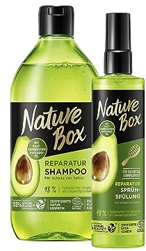 Nature Box Shampoo vegan mit Avocado-Öl gegen Spliss, (1 x 385ml) & Nature Box Sprüh-Spülung Reparatur, Hair Repair Spülung zum Sprühen mit Avocado-Öl (1 x200 ml)