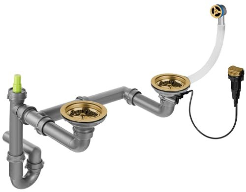 FISC Goldsieb Ablaufgarnitur Spüle - Siphon Doppelwaschbecken 3 1/2 zoll - Küchenspülenablauf set mit excenterventil - doppel Siphon Küchenspüle 2 Abläufe - Raumsparsiphon Küchenspüle 114 mm