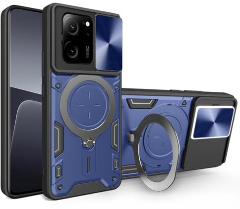 UPLAI Hülle für Xiaomi 13T 5G/Xiaomi 13T Pro 5G, Slim Stoßfest Rüstung Handyhülle mit Gleiten Kamera Cover und Magnetisch Ständer, Prämie PC+TPU Dauerhaft Schutzhülle.Blau
