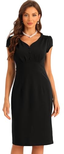 Allegra K Vintage Sheath Dress for Women's V Neck Cap Sleeves Split Pencil Dresses Black M