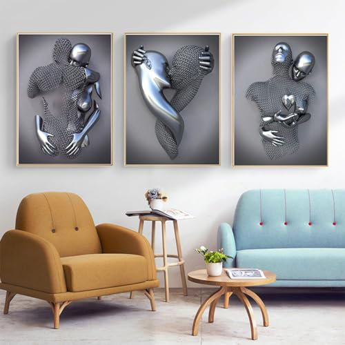 3D Metallfigur Statue Kunst Liebe Herz Kuss Bilder Wandkunst Wohnzimmer Wanddekoration - Ohne Rahmen (Poster-01,70X100cm*3)
