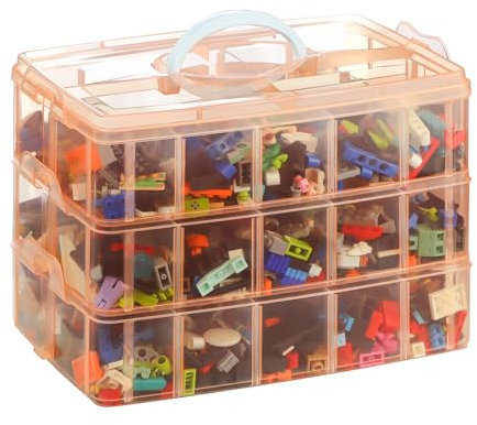 WSBXBB Stackable Storage Organizer with 30 Compartments for LEGO, Barbie, Hot Wheels, Kids, Clear Toy Storage Bin (Orange, Small)