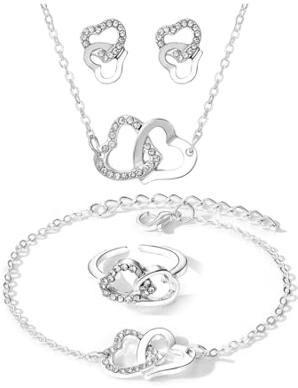 HSAJS Herzförmiges Schmuckset Für Damen Vergoldet Mit Kristallsteinen Bestehend Aus Halskette Armband Ring Und Ohrringen Elegantes Und Stilvolles Design Perfekt Für Besondere Anlässe