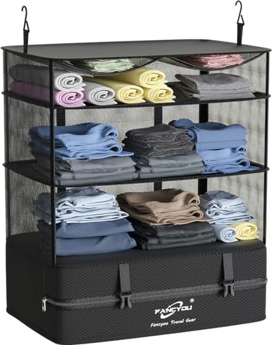 FANCYOU Koffer Organizer Hängende Verpackung Würfel Tragbare Schrank Regale Kompressive Reisegepäck Essentials 30x44x65cm 3 Regale & 1 Schrank Ausdehnbare Organizer Nylon Verpackungstaschen (Schwarz)