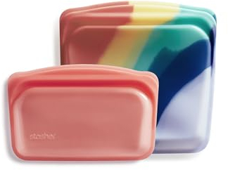 Stasher Sacchetto riutilizzabile in silicone, contenitore per alimenti, adatto al microonde e alla lavastoviglie, a prova di perdite, confezione da 2, arcobaleno splash + rosso