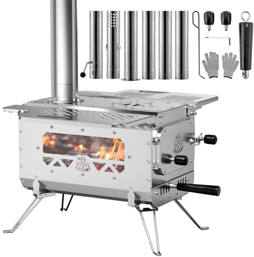 DEERFAMY Forno a tenda, stufa da giardino portatile in acciaio inox, stufa a legna con gambe pieghevoli, piccolo fornello da campeggio con 6 tubi per il riscaldamento e la cottura per giardino,