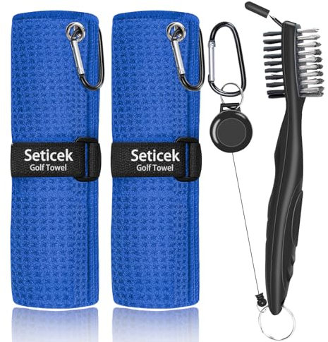 Seticek 2 Pack Golf Towel (16 X 16) with Golf Club Brush, Microfiber Waffle Pattern Golf Towels for Golf Bags for Men,Essential Golf Combo Cleaning Kit (Blue)