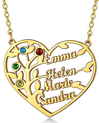 Custom4U Collier Coeur Femme 4 Prénoms Arbre de Vie Personnalisé Pierre de Naissance Plaqué Or Bijoux Cadeau Anniversaire Fête des Mères