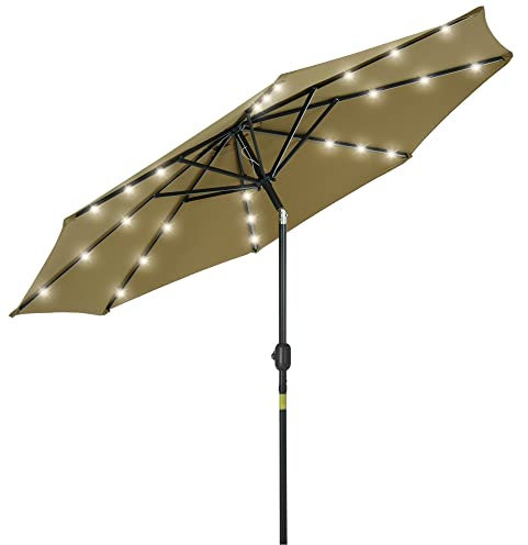 Outsunny Sombrilla de Jardín Ø268x238 cm Parasol de Terraza con 24 Luces LED Solar Mecanismo de Inclinación Manivela y Poste Desmontable de Metal para Piscina Patio Marrón
