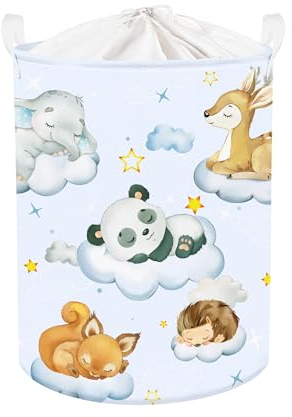Clastyle 45L Blau Schlafende Tiere Junge Mädchen Wäschekorb Bär Elefant Fuchs Rund Spielzeug Kleidung Aufbewahrungskorb für Kinderzimmer, 36x45 cm