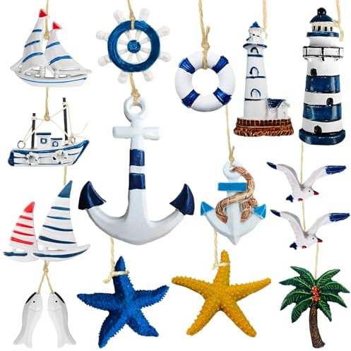 Golgner 15 Pcs Maritime Anhänger Nautische Deko, Maritimes Dekorationsset, Maritime Dekoanhänger Set, Seestern Boot Anker Leuchtturm Fisch Kokospalme, für Mini-Fischernetz, Wanddekorationen