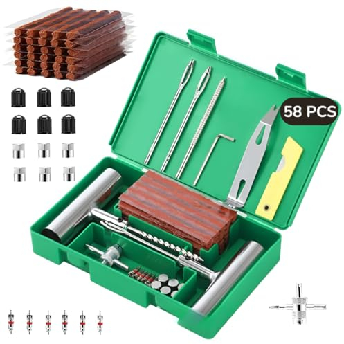 NOOGUI - Kit Riparazione Pneumatici Auto - Kit Foratura Moto - Riparazione in 15 Minuti - Include 58 Pezzi con 30 Strisce, Attrezzi a T, Valvole, Pinza e Coltello - Kit Riparazione Gomme