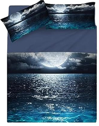 INTRECCI Set Lenzuola Matrimoniali in Cotone, Stampa Alta Qualità, Lenzuolo Sotto + Lenzuolo Sopra + 2 Federe, Comfort, Morbidezza, per Pelli Sensibili, non Stringe in Lavatrice. Fantasia: Sea Moon