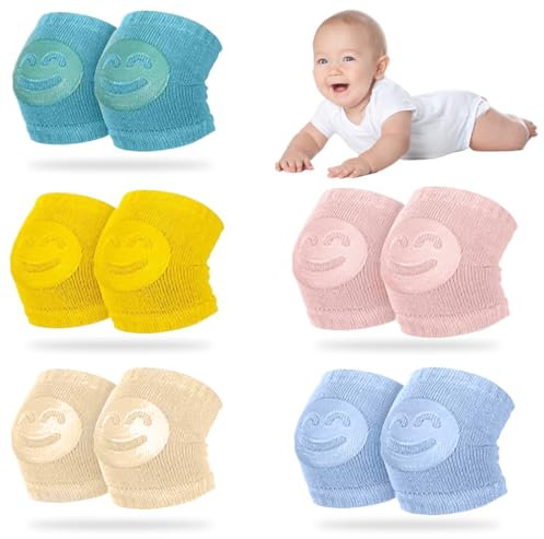 IOURVYA 5 pares de rodilleras de manga para gatear, ayuda para gatear antideslizante para bebés, algodón unisex con protector antideslizante de goma con cara sonriente