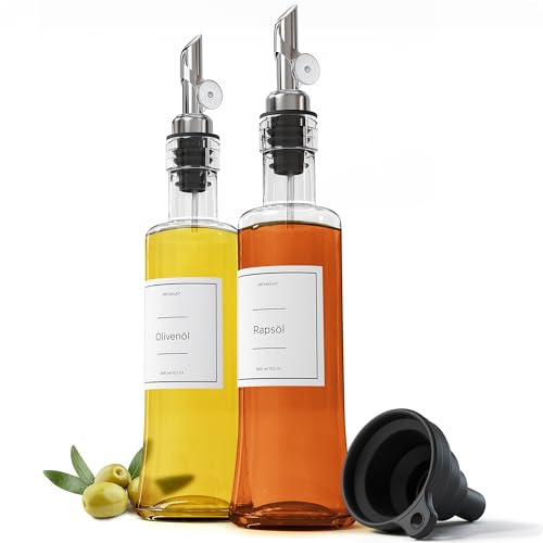 Greymount ® Ölflasche Set - 2er Pack 300m Essig und Ölspender aus Glas mit Ausgießer Silber für Olivenöl und mehr | Auslaufsicher und Tropffrei | Inklusive 27 Etiketten und Trichter
