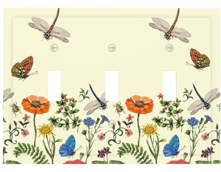 Placca per interruttore della luce a 3 bande decorativa vintage Boho libellula farfalla floreale piastra decorativa tripla interruttore piastra da parete piastra elettrica interruttore frontale