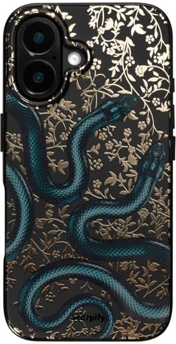 SCORPIFY for iPhone 16 Case [Compatible with MagSafe] with Matte Black Double Snake Design, Cute Magnetic Phone Cover for Women Girls and Men, Slim Shockproof Bumper with Gold Accents