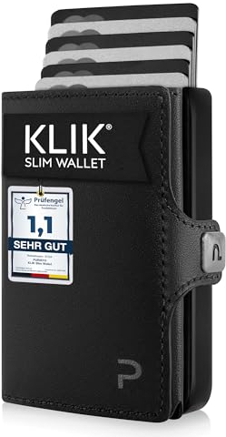 PURISTO KLIK Minimal Slim Wallet mit Münzfach - Mini Geldbeutel und Kartenetui für Herren aus veganem Leder - Kleines Portemonnaie mit RFID Schutz für 10-12 Karten - Schwarz Vegan
