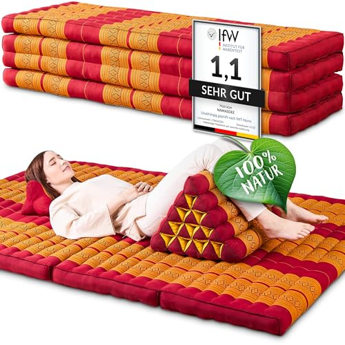 Namasdee Klappmatratze 200x140x8cm mit 100% natürlicher Kapokfüllung (Rot/Gelb)