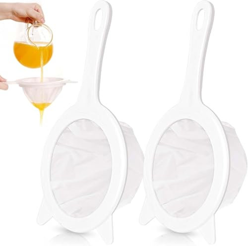 REJOECE 2 Pack Fine Mesh Strainer, Plastic Nylon, 300/450 Mesh, Ultra Fine, Food Strainer with Comfortable Handles, for Juice, Coffee, Soy Milk, White