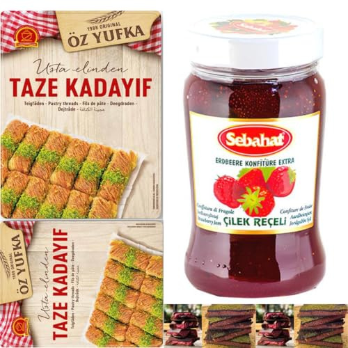 2 Pack x Ozyufka Kadaifi Dubai Schokolade - KIT zum Selbermachen - Dubai Schokoladen mit Erdbeermarmelade 700 Gramm, Dubai Cikolata Kadaif, Baklava, Kadayif Teigfäden 500 Gramm