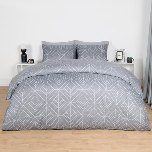 OHS Grey Double Duvet Set Isaac Geometric, Ultra Soft Cosy Comfortable Fabric Stylish Striking Geometric Design Luxury Quilt Double Duvet Cover with Pillowcases