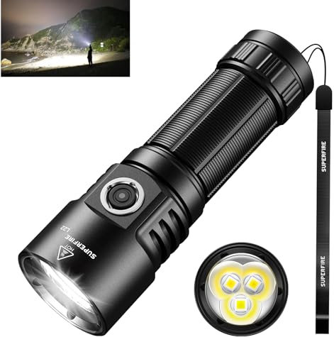 SuperFire LED Taschenlampe Extrem Hell, 500000 Lumen Taschenlampe LED Aufladbar Fester Fokus Starke mit 6 Lichtmodi, USB Wiederaufladbare, Wasserdicht Flashlight For Camping, Wandern, Outdoor, Angeln