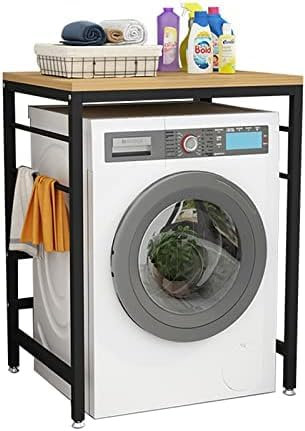 Laundry Storage Rack for Front Loader Washing Machine & Tumble Dryer Free Standing Bathroom Storage Unit with Dryer Stand and Shelf Black Frame/Light Walnut