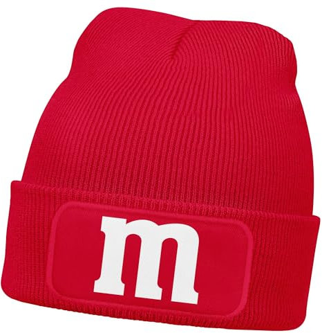 MoonWorks® Herren Beanie Patch Strickmütze mit Buchstabe M Aufdruck Fasching Karneval Lustig Mütze Männer Rot Unisize