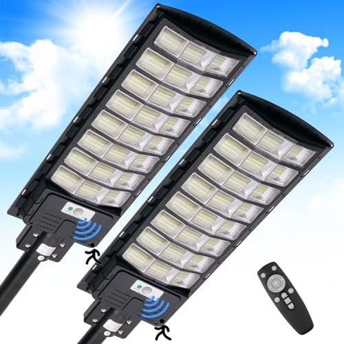 Bellanny 2 Pack 800W Solaire Exterieur Lampadaire 720LED Lampe Solaire Exterieur avec Capteur de Mouvement 6500K Projecteur Solaire Exterieur avec TéLéCommande IP65 Impermable Pour Garage Rue